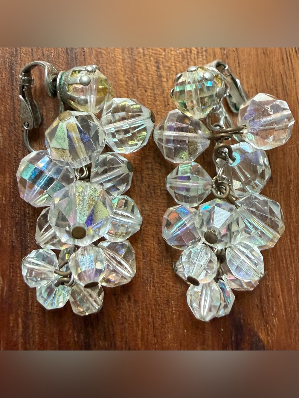 Vintage Laguna Clear Aurora Faceted Glass Dangle Clip Earrings Cha Cha AB